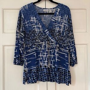 Chico's Traveler Size 3‎ Blue White Multi Pattern Top Faux Wrap Blouse Chicos XL